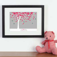 Personalized framed print of a tree with a family of butterfly with names next to pink cuddly toy.