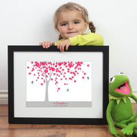 Personalized framed print of a tree with a family of butterfly with names next to kermit the frog and young girl.