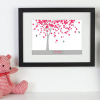 Personalized framed print of a tree with a family of butterfly with names next to pink cuddly toy.