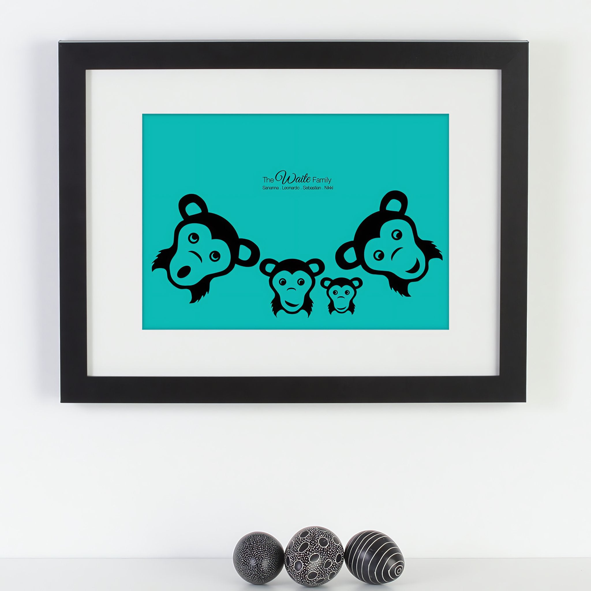 Personalized framed print of a family of monkies with names next to ornamental eggs.