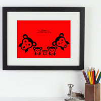 Personalized framed print of a family of monkies with names next to crayons.