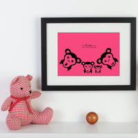 Personalized framed print of a family of monkies with names nex to cuddly toy and ball.