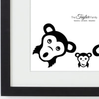 Personalized framed print of a family of monkies with names zoomed in.