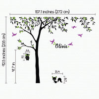 Tree wall sticker with birds, an owl, a squirrel and the name of a loved one dimensions.