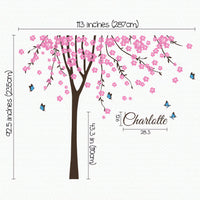 Tree wall sticker with blossoming leaves, butterflies and the name of a loved one dimensions.