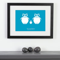 Personalized framed print of a family of owls with names next to ornamental eggs.