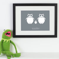Personalized framed print of a family of owls with names next to kermit the frog.