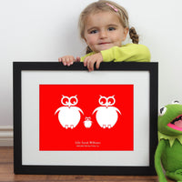 Personalized framed print of a family of owls with names next to kermit the frog and a young girl.