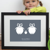 Personalized framed print of a family of owls with names next to kermit the frog and a young girl zoomed in.