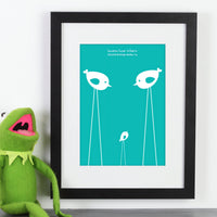 Personalized framed print of 2 birds and a baby bird, with a date and names next to kermit the frog.