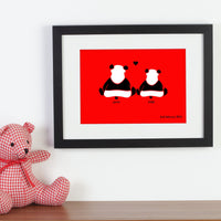 Personalized framed print of 2 pandas in love with a significant date next to a pink cuddly toy.