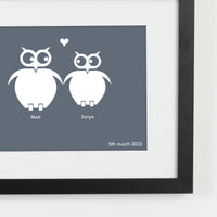 Personalized framed print of 2 owls in love with a significant date zoomed in.