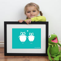 Personalized framed print of 2 owls in love with a significant date next to kermit the frog and a young girl.