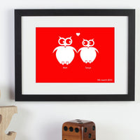 Personalized framed print of 2 owls in love with a significant date above a bookend and a large dice.