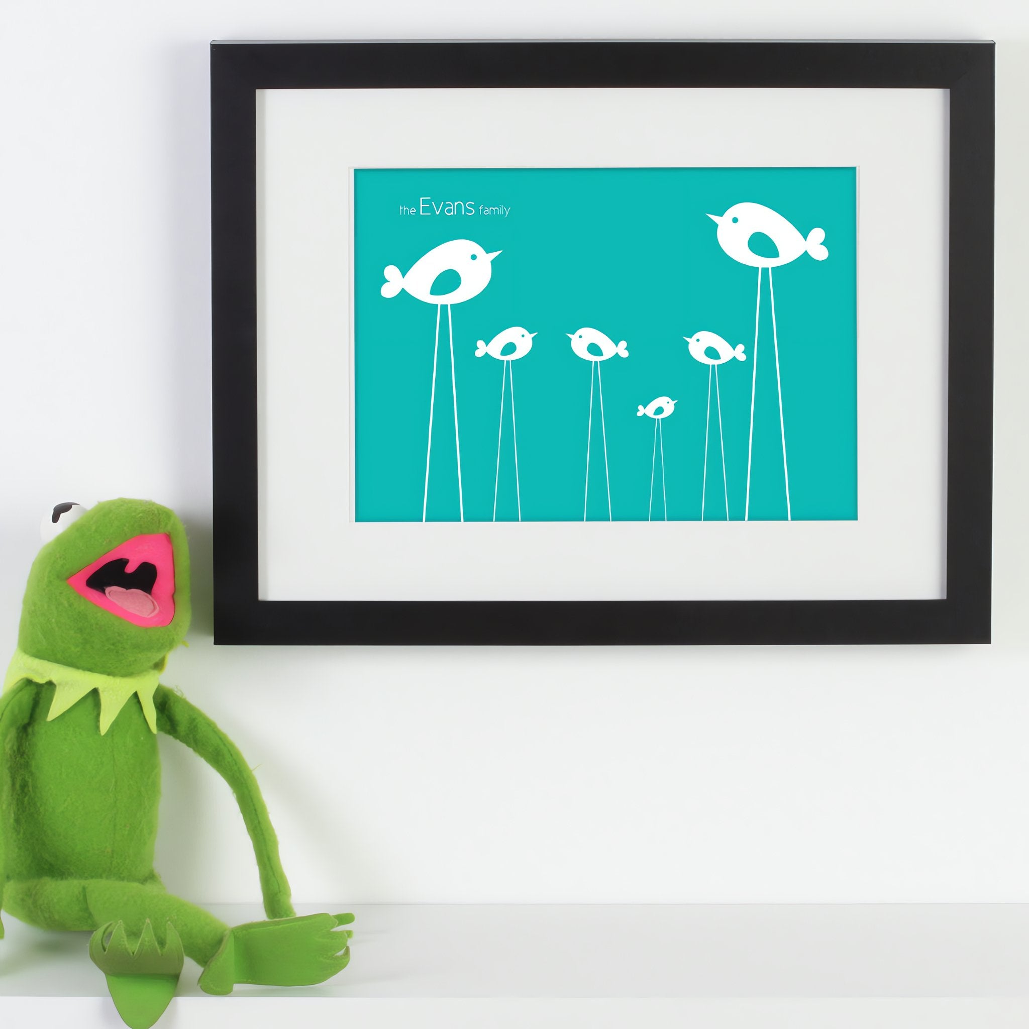 Personalised framed print with birds next to kermit the frog.