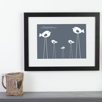 Personalised framed print with birds next to a mug.