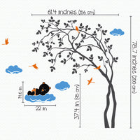 Swaying tree wall sticker with a sleeping bear on a cloud and birds dimensions.