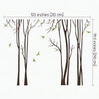 Tree wall sticker with stylish tall thin trees and birds dimensions.