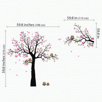 Tree wall sticker with birds, an owl and a hanging branch on the right dimensions.