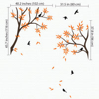 Tree wall sticker with side branches and birds dimensions.