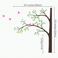Tree wall sticker with branches on the left and birds dimensions.