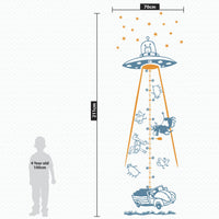 Height chart wall sticker of a UFO abducting a car dimensions.