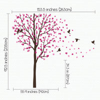 Tree wall sticker with blowing leaves and birds dimensions.