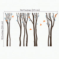 Tree wall sticker with several tall trees and birds dimensions.