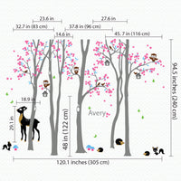 Tree wall sticker with lots of animals and the name of a loved one dimensions.