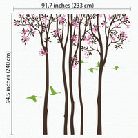 Tree wall sticker with tall thin trees and birds dimensions.